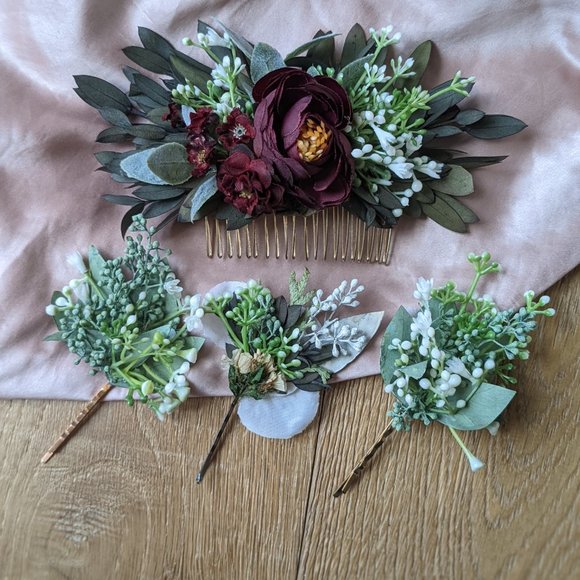 Bridal hair comb - Eucalyptus Burgundy Red Flower with Greenery - Picture 3 of 8